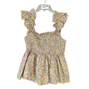 Umgee Liberty Floral Peplum Peasant Crop Tank Top Women's L Ruffle Strap Smocked